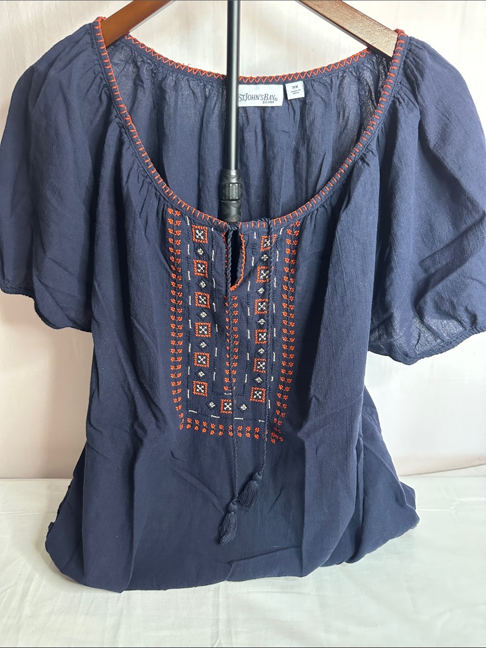 St. John's Bay Navy Peasant Blouse with Orange Embroidery